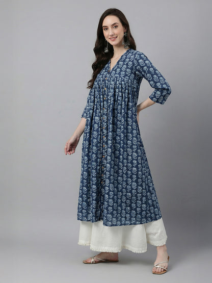 Janasya Navy Blue A-Line Cotton Kurta - Dista