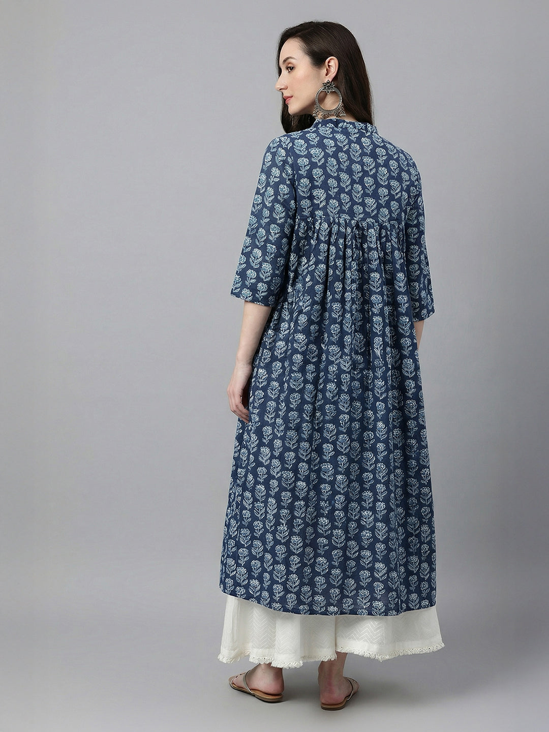 Janasya Navy Blue A-Line Cotton Kurta - Dista