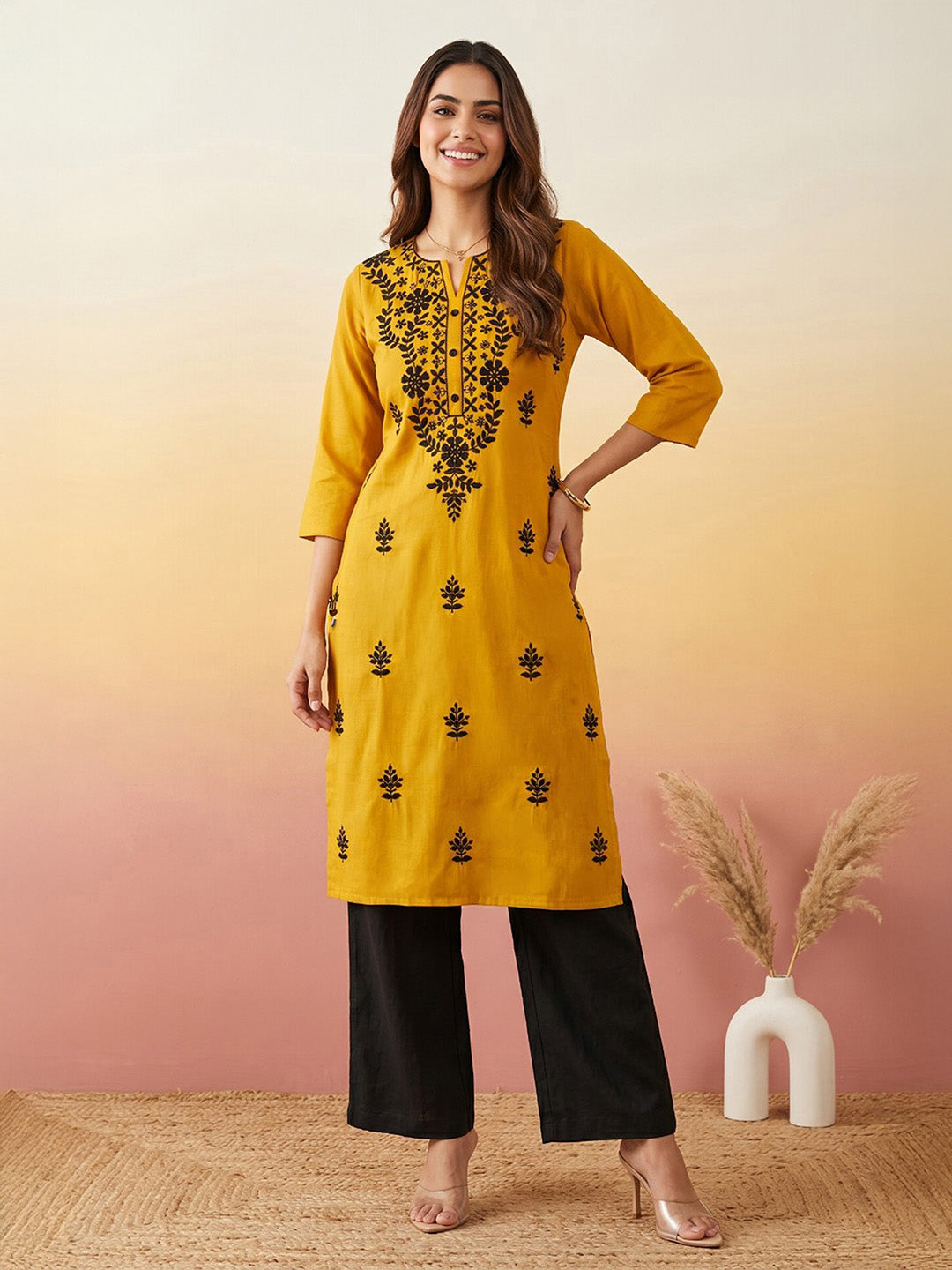 Janasya Mustard Straight Silk Blend Kurta - Dista