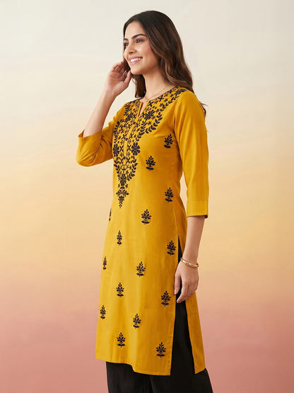 Janasya Mustard Straight Silk Blend Kurta - Dista