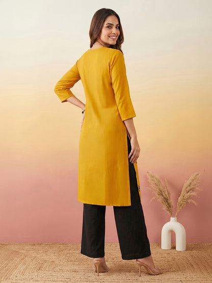 Janasya Mustard Straight Silk Blend Kurta - Dista