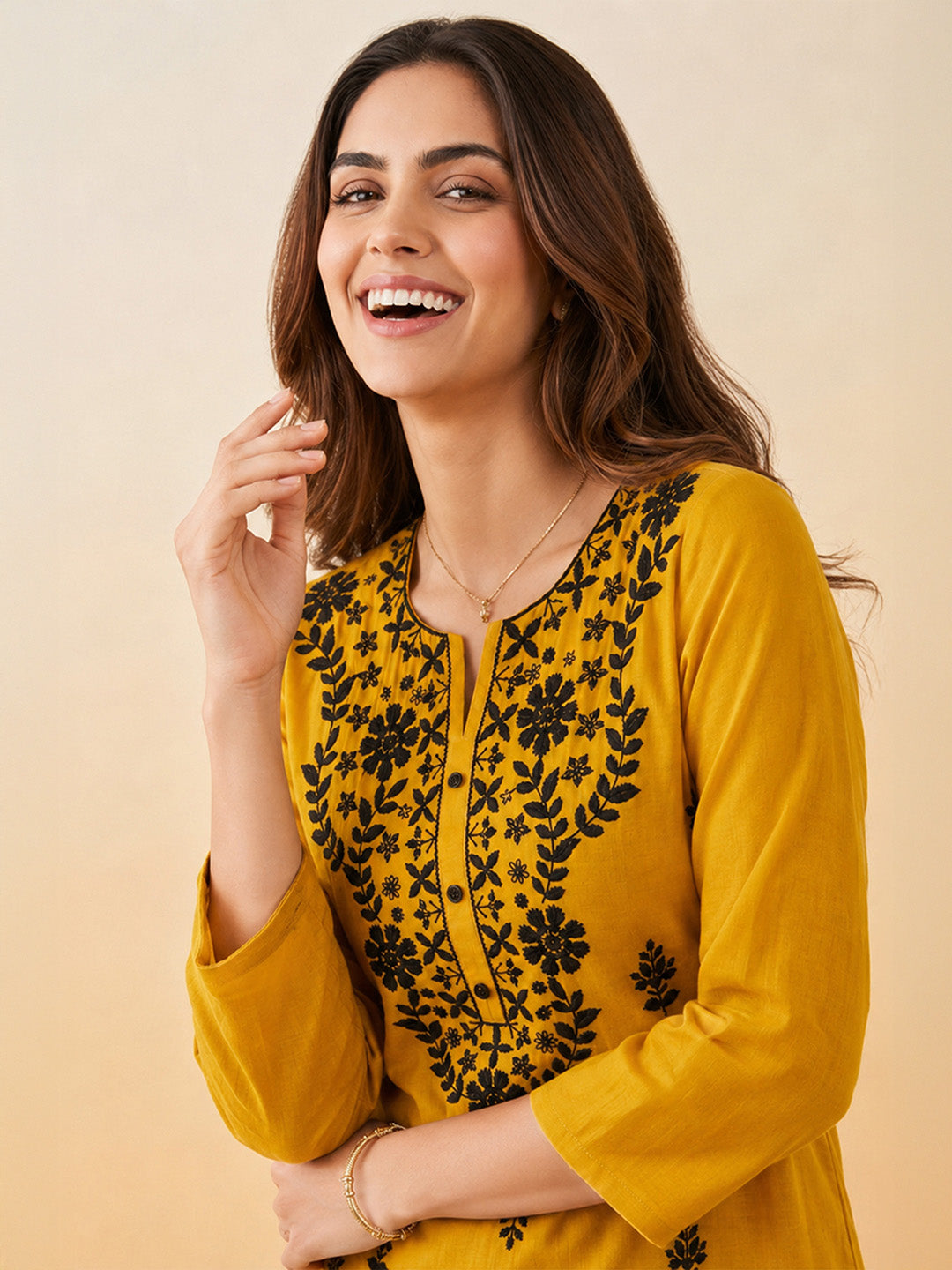Janasya Mustard Straight Silk Blend Kurta - Dista