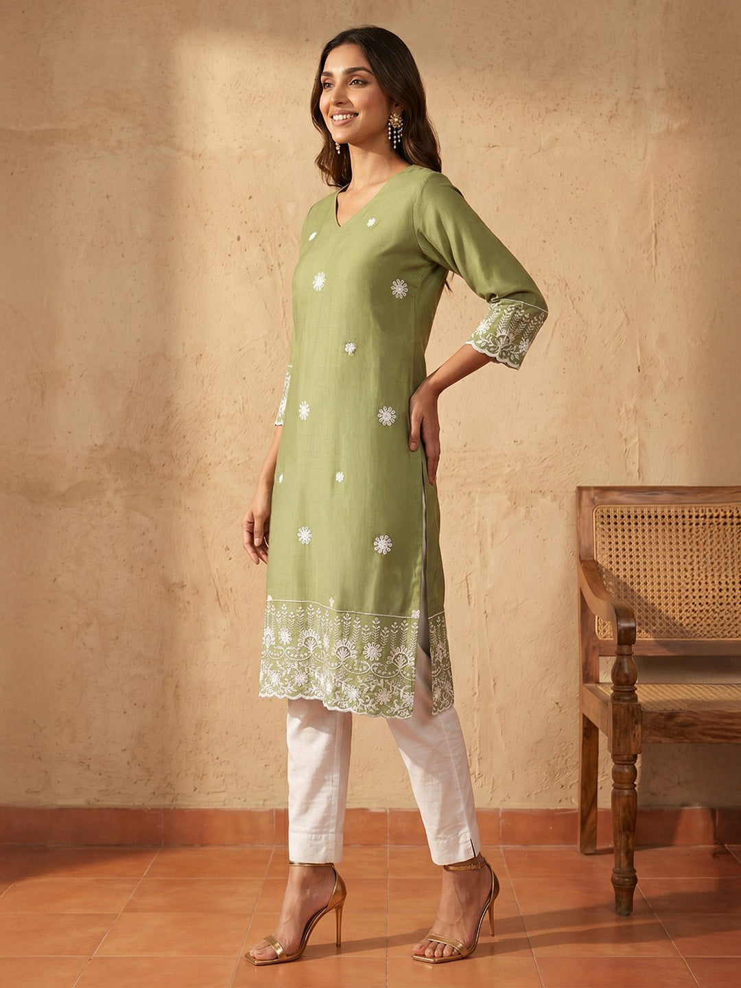 Janasya Sage Straight Silk Blend Kurta - Dista