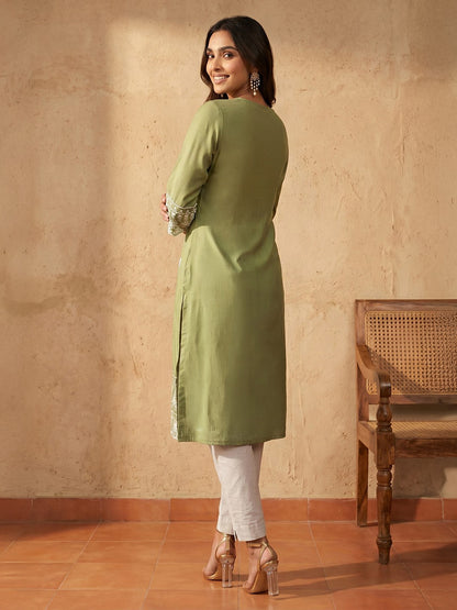 Janasya Sage Straight Silk Blend Kurta - Dista