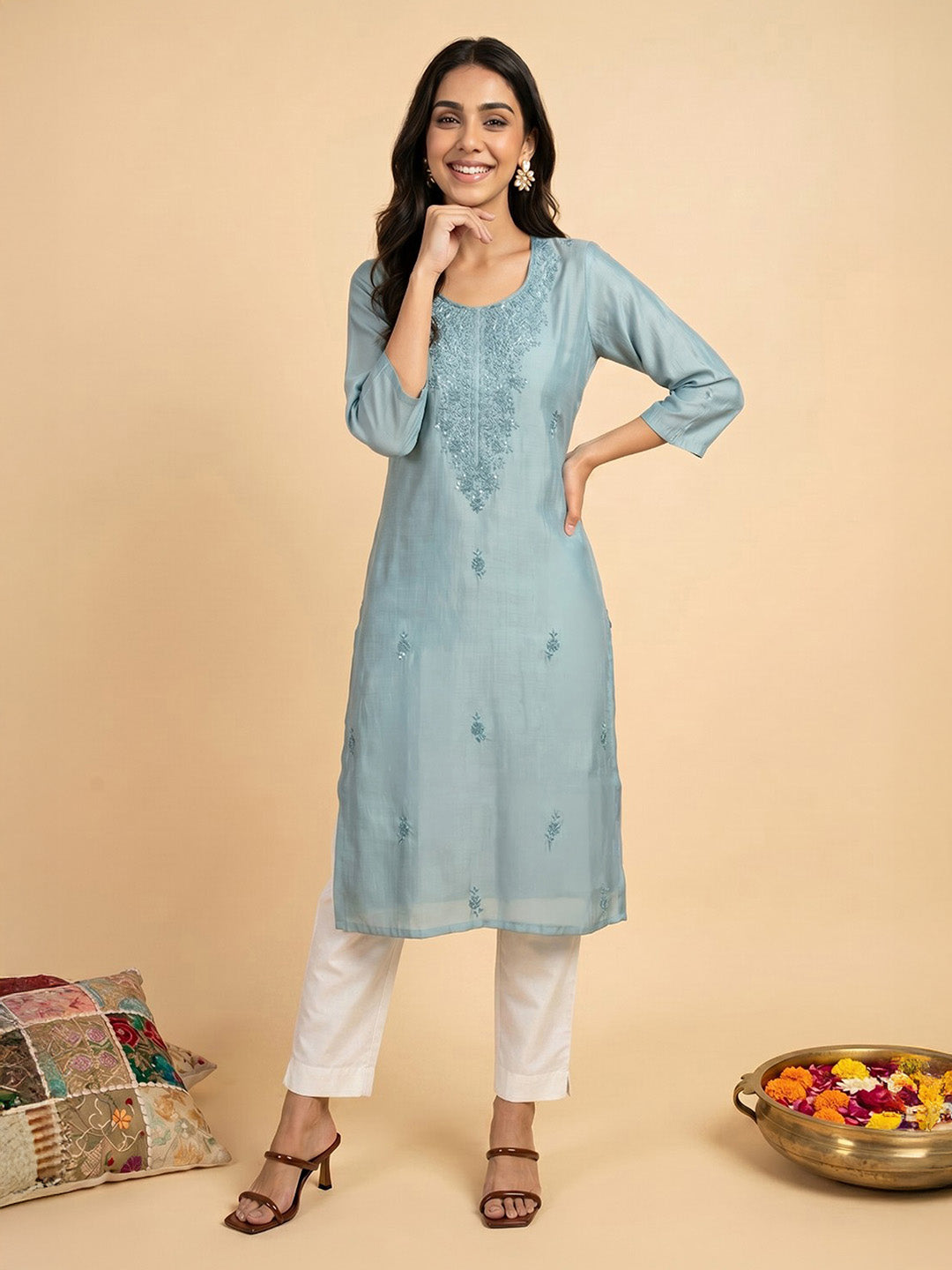 Janasya Blue Straight Silk Blend Kurta - Dista