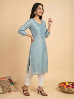 Thumbnail for Janasya Blue Straight Silk Blend Kurta - Dista