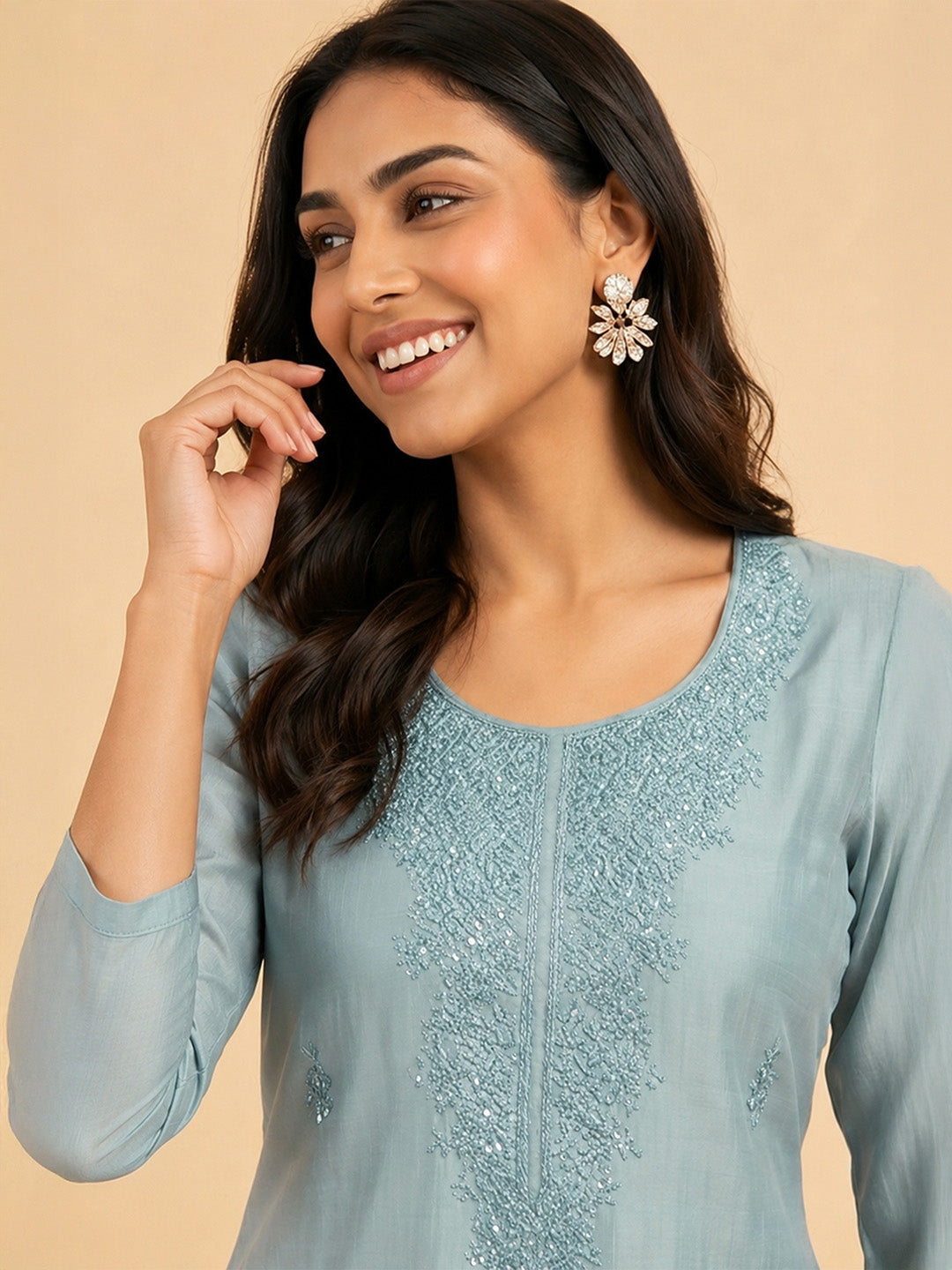 Janasya Blue Straight Silk Blend Kurta - Dista