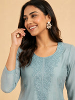 Thumbnail for Janasya Blue Straight Silk Blend Kurta - Dista