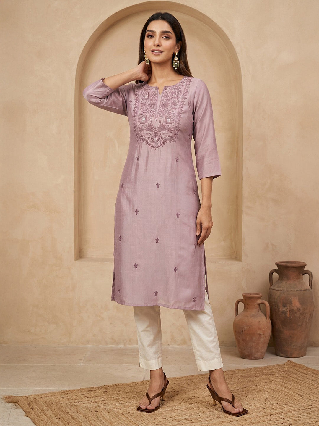 Janasya Lavender Straight Silk Blend Kurta - Dista