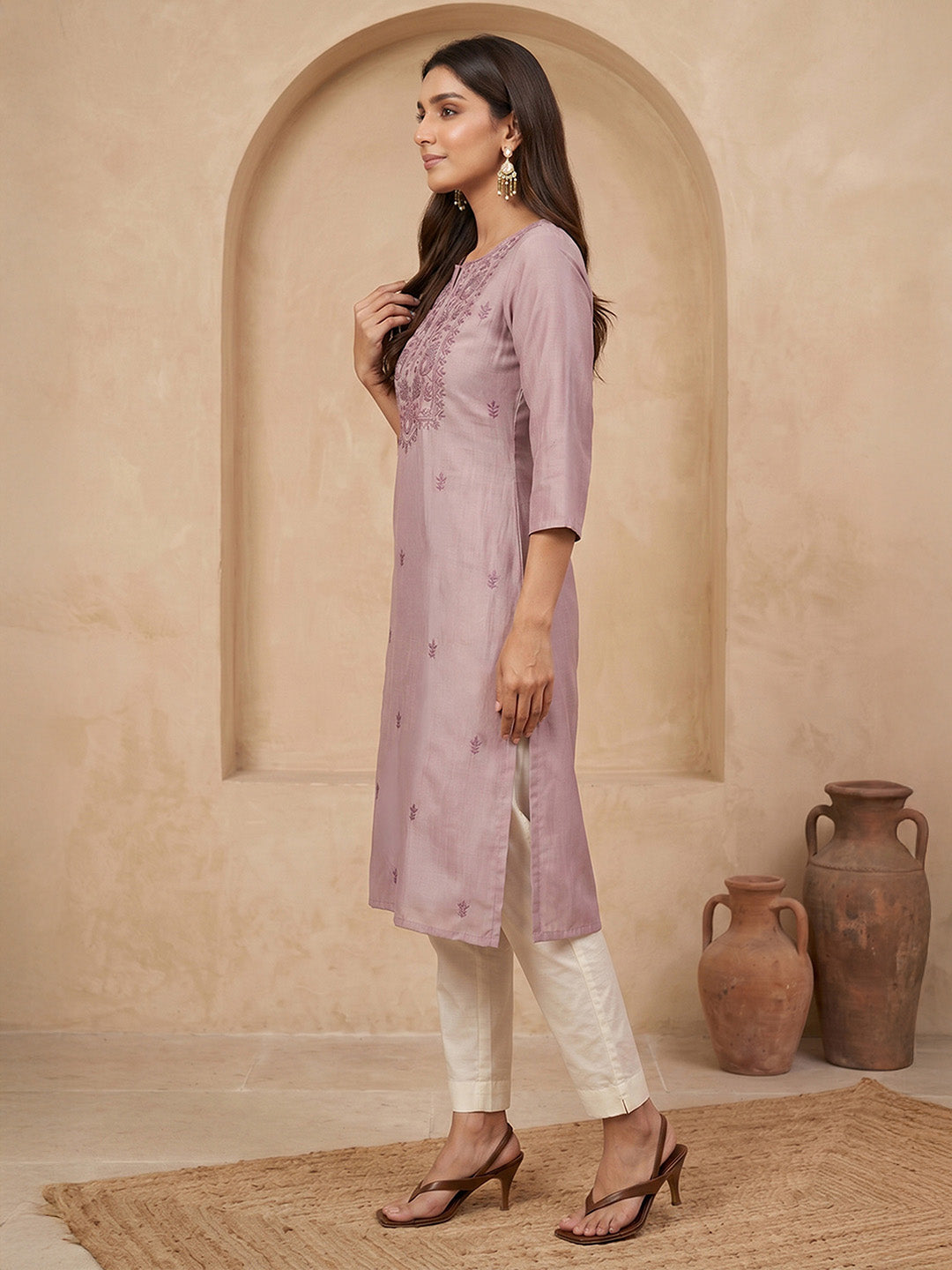 Janasya Lavender Straight Silk Blend Kurta - Dista