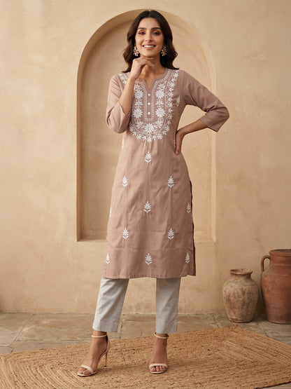 Janasya Brown Straight Silk Blend Kurta - Dista