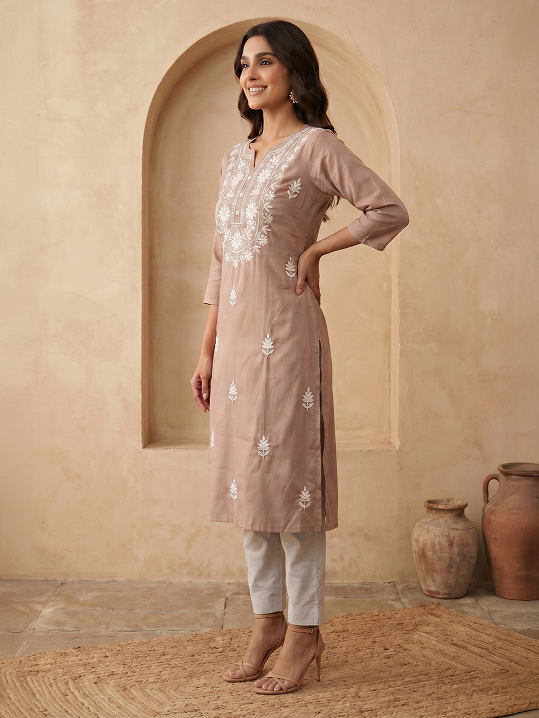 Janasya Brown Straight Silk Blend Kurta - Dista