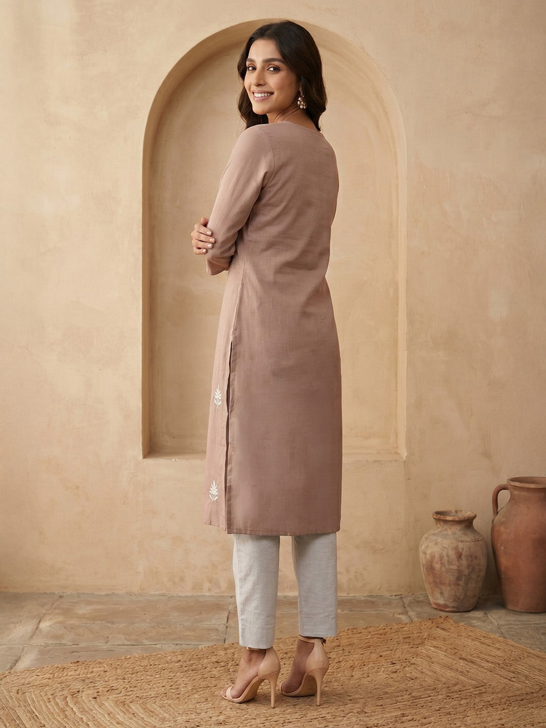 Janasya Brown Straight Silk Blend Kurta - Dista