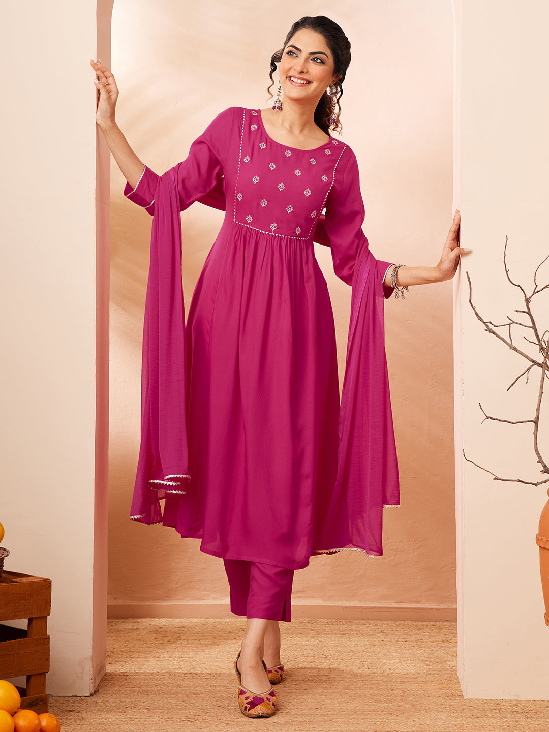 Janasya Pink A-Line Rayon Kurta,Bottom & Dupatta - Dista