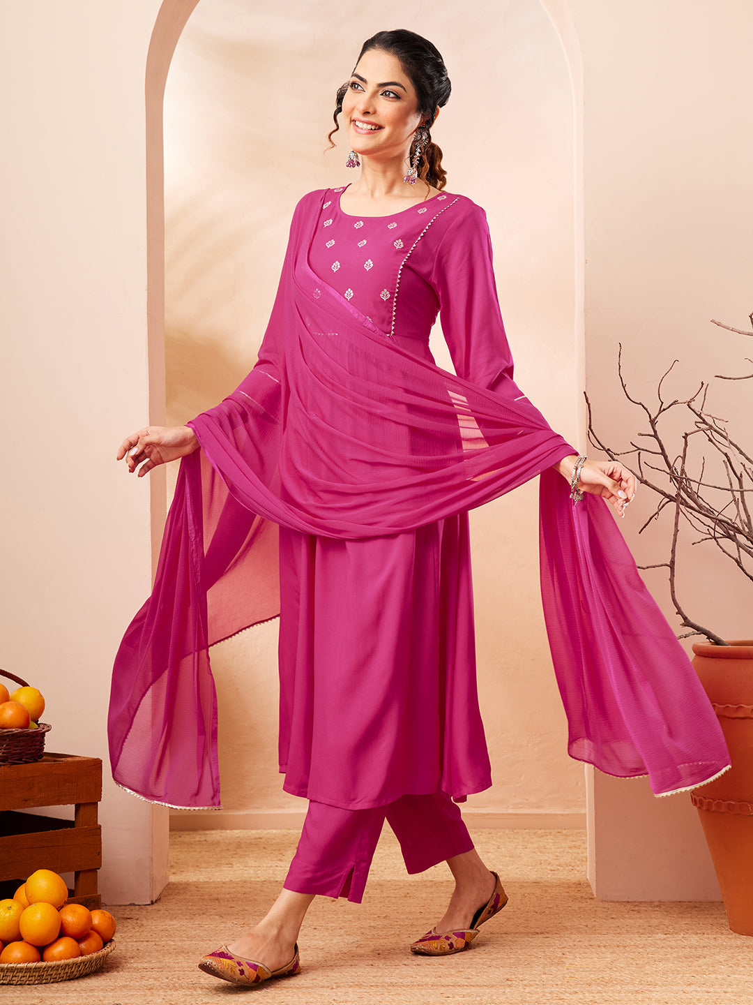 Janasya Pink A-Line Rayon Kurta,Bottom & Dupatta - Dista