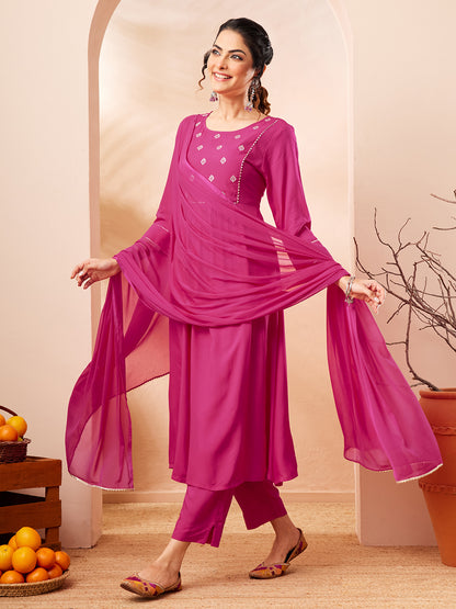 Janasya Pink A-Line Rayon Kurta,Bottom & Dupatta - Dista