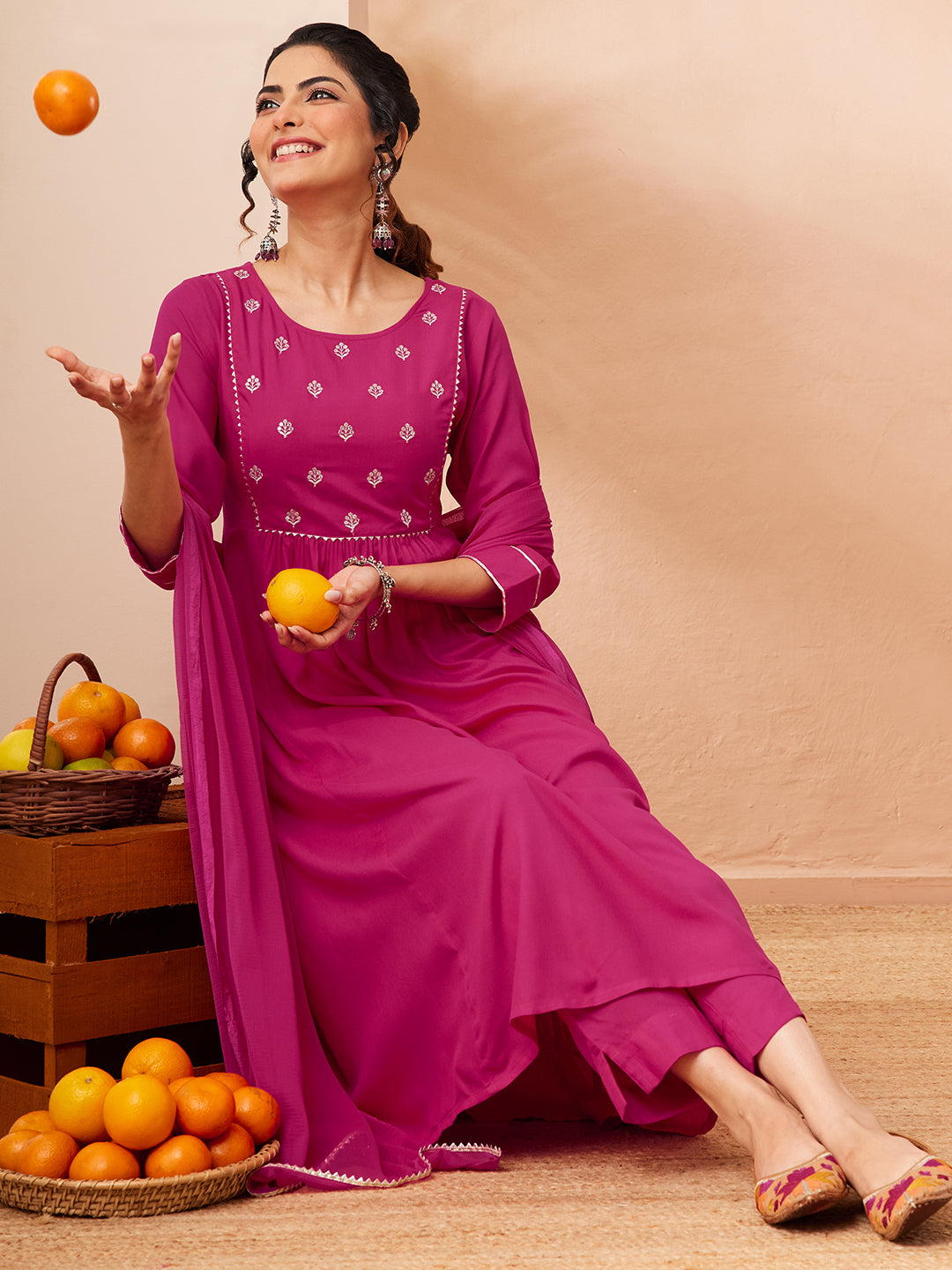 Janasya Pink A-Line Rayon Kurta,Bottom & Dupatta - Dista