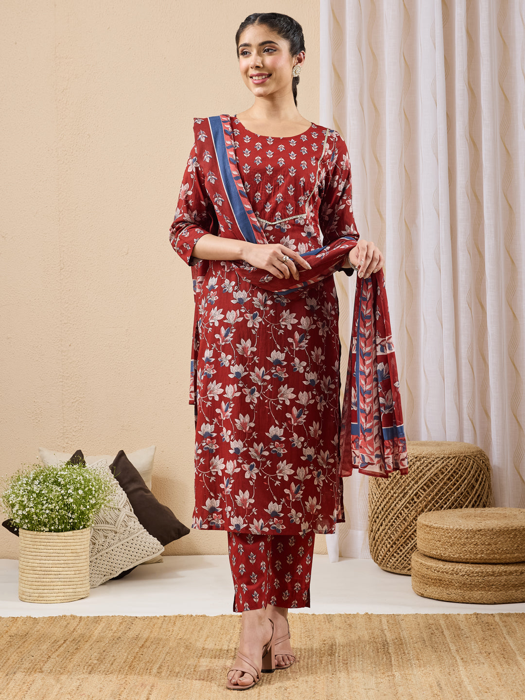 Janasya Maroon Straight Cotton Kurta,Bottom & Dupatta - Dista