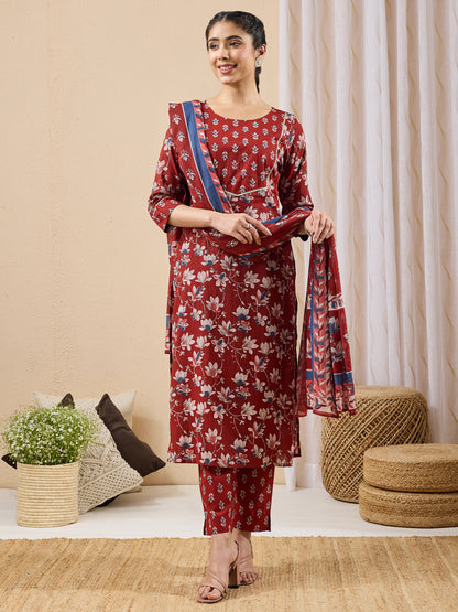 Janasya Maroon Straight Cotton Kurta,Bottom & Dupatta - Dista