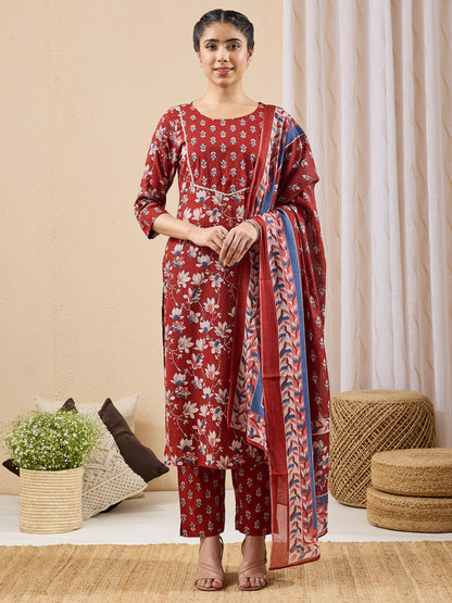 Janasya Maroon Straight Cotton Kurta,Bottom & Dupatta - Dista