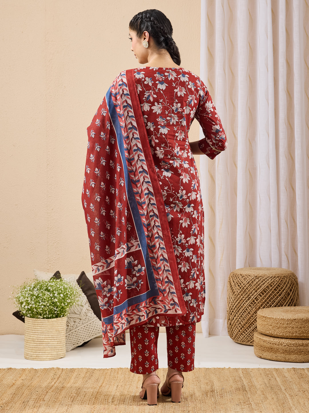 Janasya Maroon Straight Cotton Kurta,Bottom & Dupatta - Dista