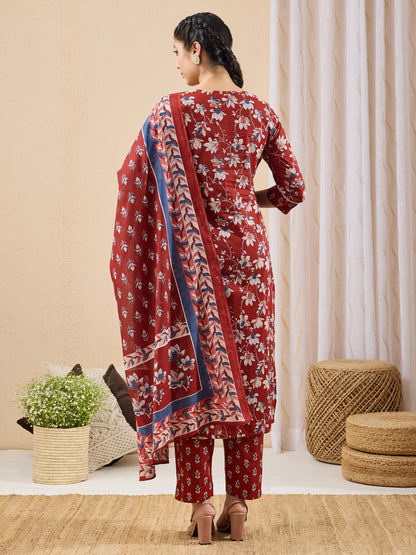 Janasya Maroon Straight Cotton Kurta,Bottom & Dupatta - Dista