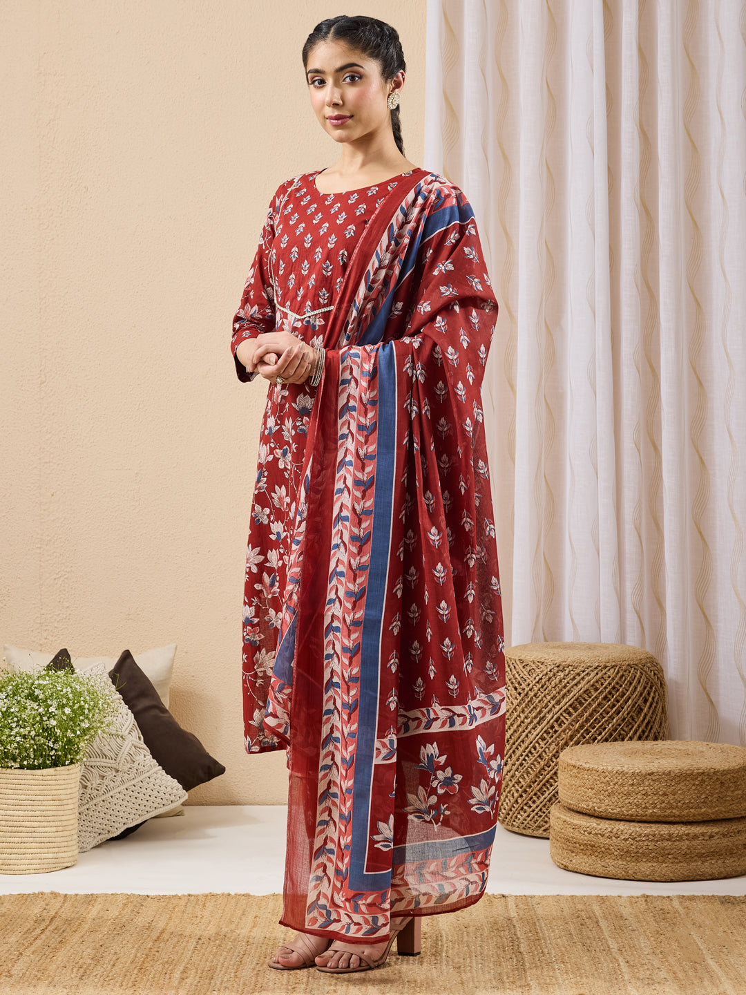 Janasya Maroon Straight Cotton Kurta,Bottom & Dupatta - Dista