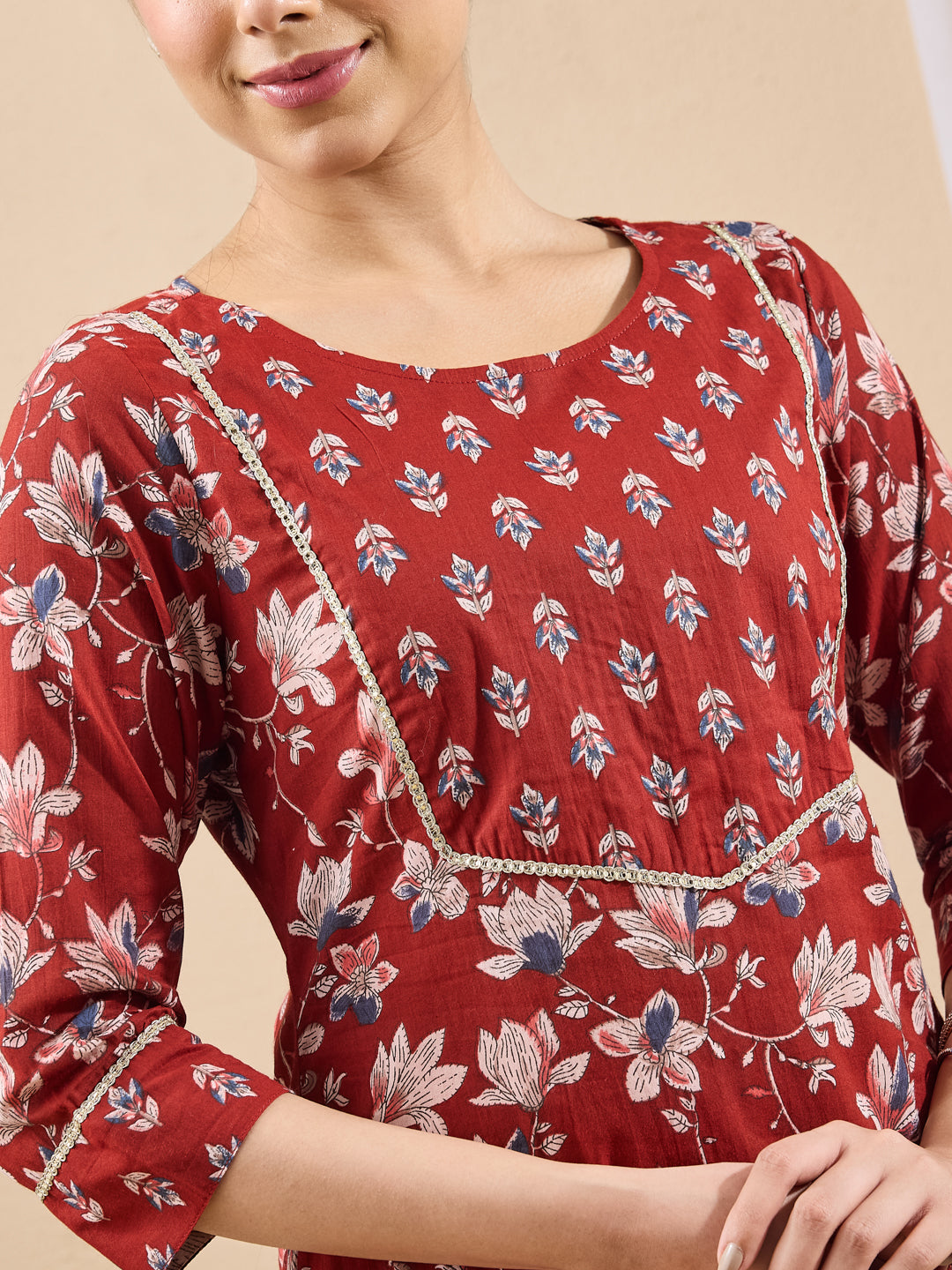 Janasya Maroon Straight Cotton Kurta,Bottom & Dupatta - Dista