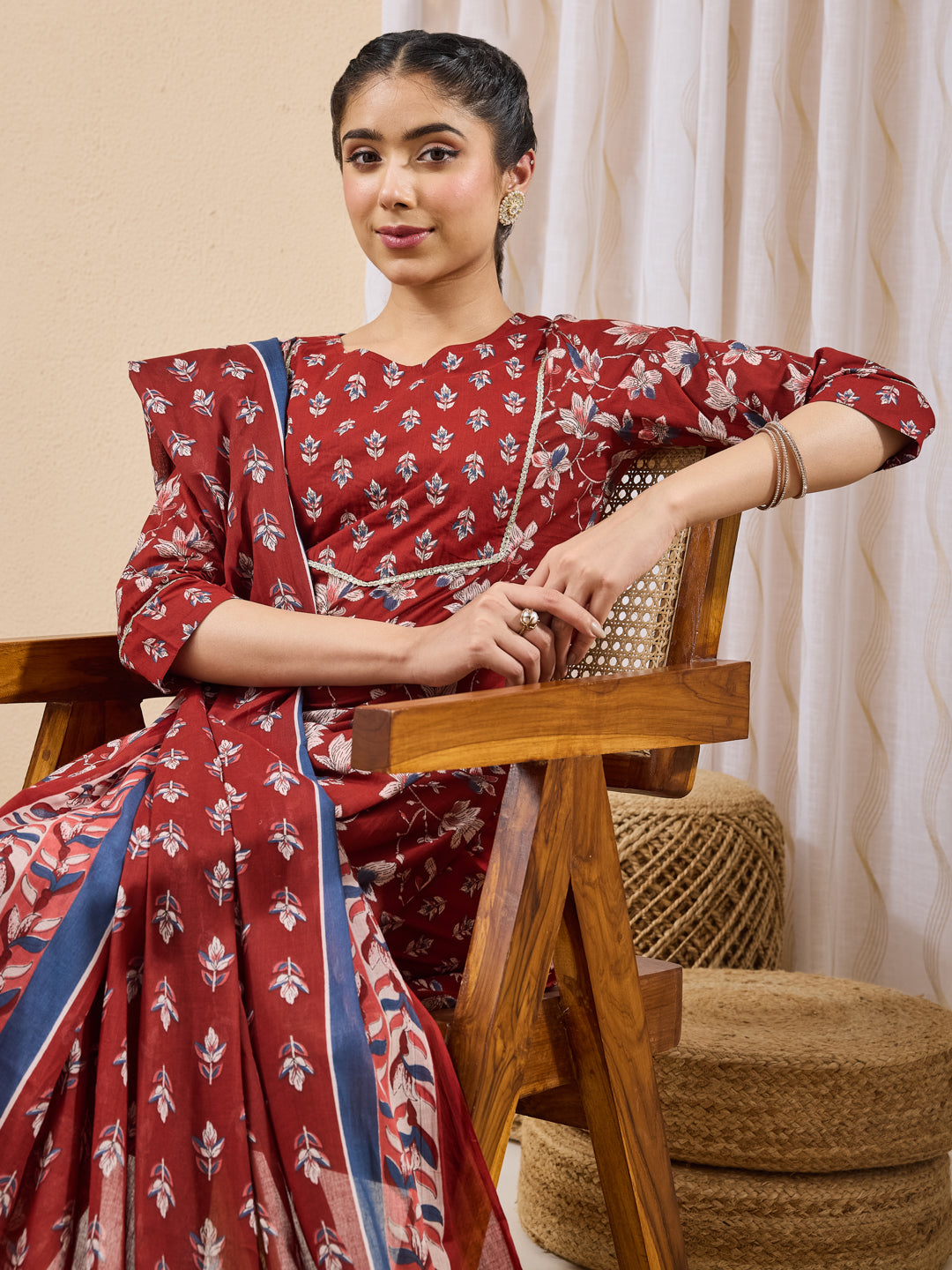 Janasya Maroon Straight Cotton Kurta,Bottom & Dupatta - Dista