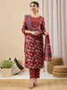 Janasya Maroon Straight Cotton Kurta,Bottom & Dupatta - Dista