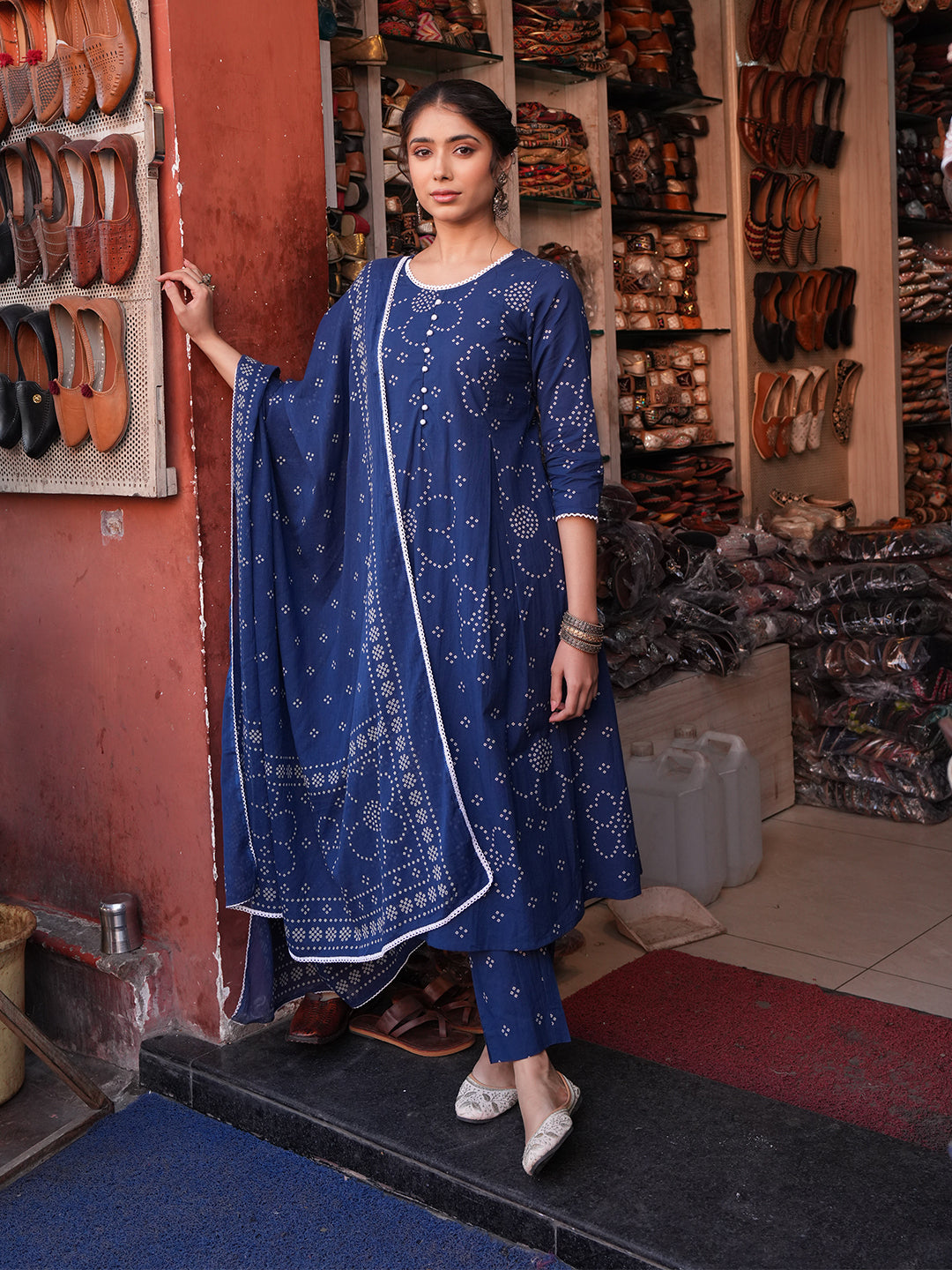 Janasya Blue A-Line Cotton Kurta,Bottom & Dupatta - Dista