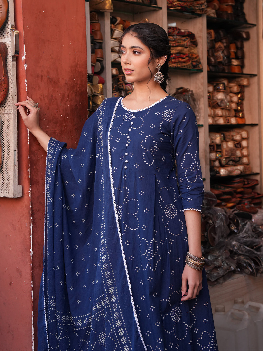 Janasya Blue A-Line Cotton Kurta,Bottom & Dupatta - Dista