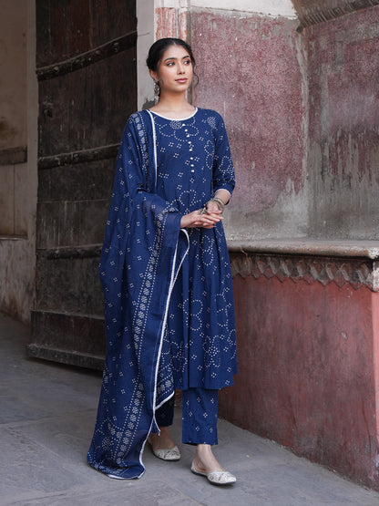 Janasya Blue A-Line Cotton Kurta,Bottom & Dupatta - Dista