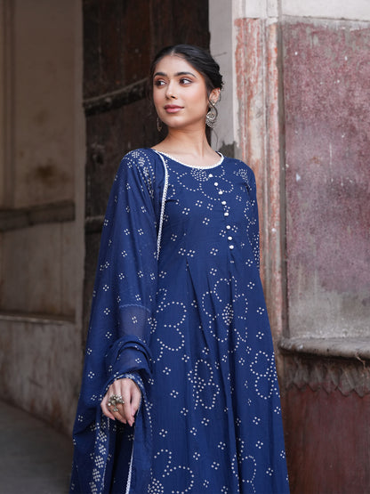 Janasya Blue A-Line Cotton Kurta,Bottom & Dupatta - Dista