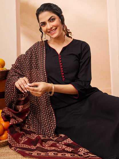 Janasya Black Straight Rayon Kurta,Bottom & Dupatta - Dista