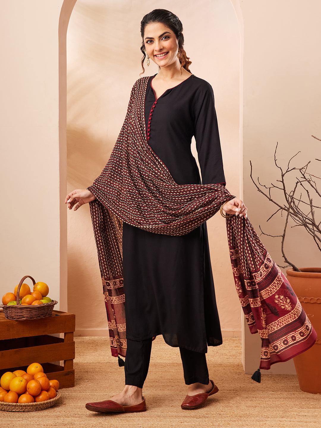 Janasya Black Straight Rayon Kurta,Bottom & Dupatta - Dista