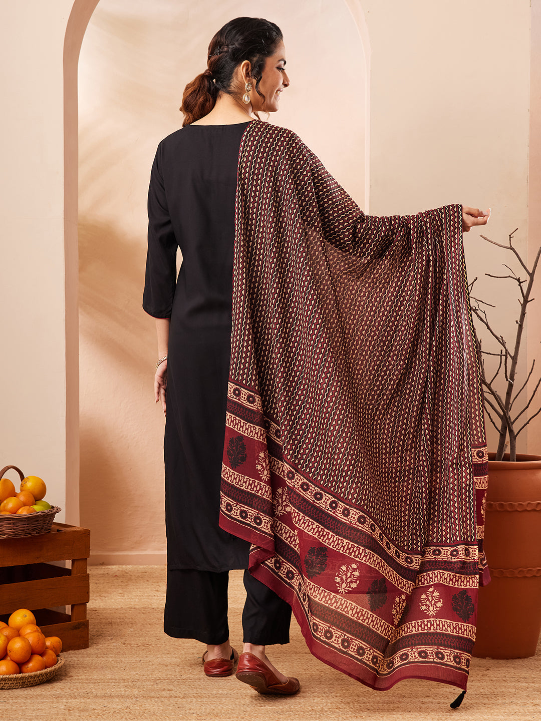Janasya Black Straight Rayon Kurta,Bottom & Dupatta - Dista