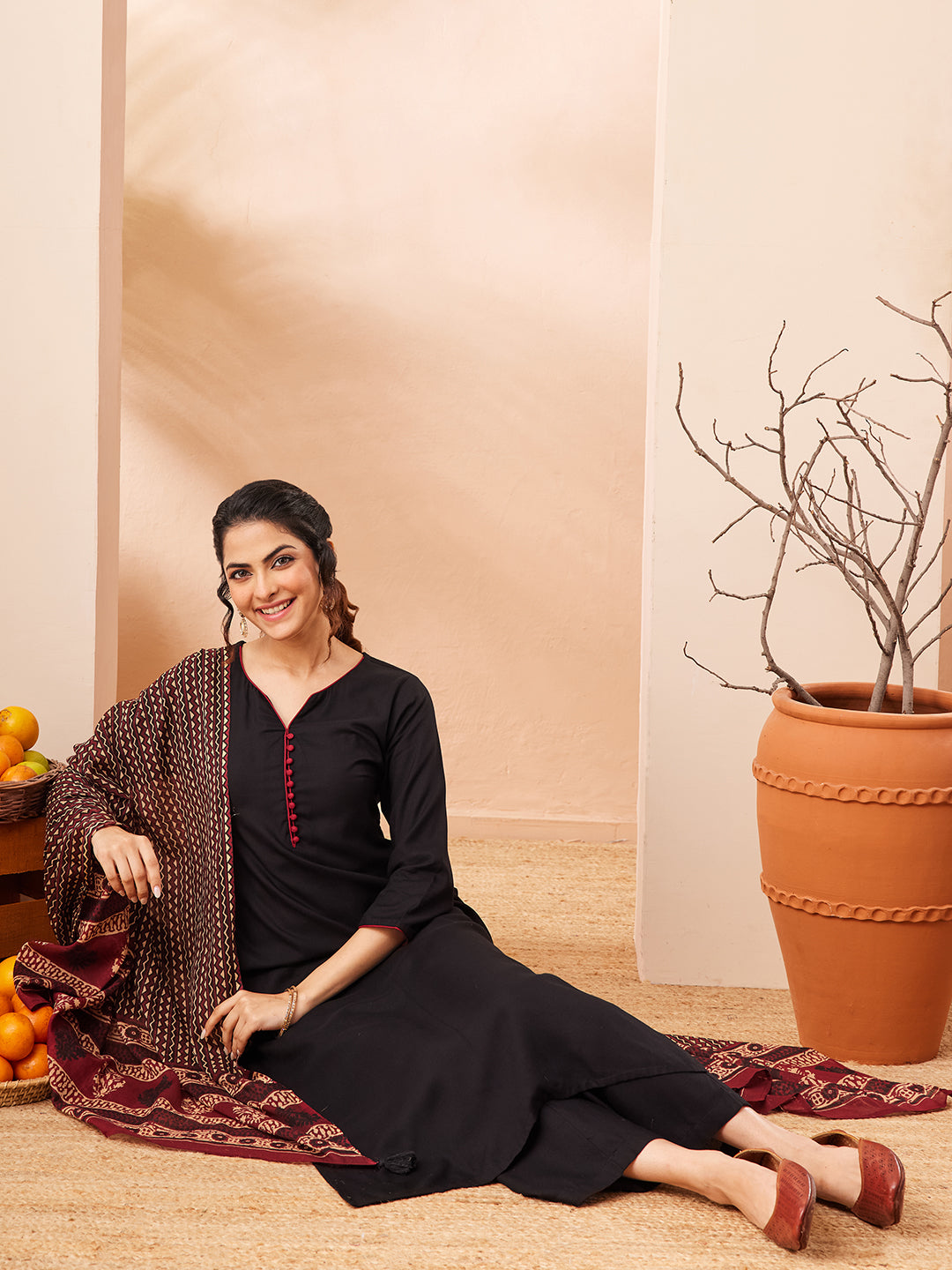 Janasya Black Straight Rayon Kurta,Bottom & Dupatta - Dista