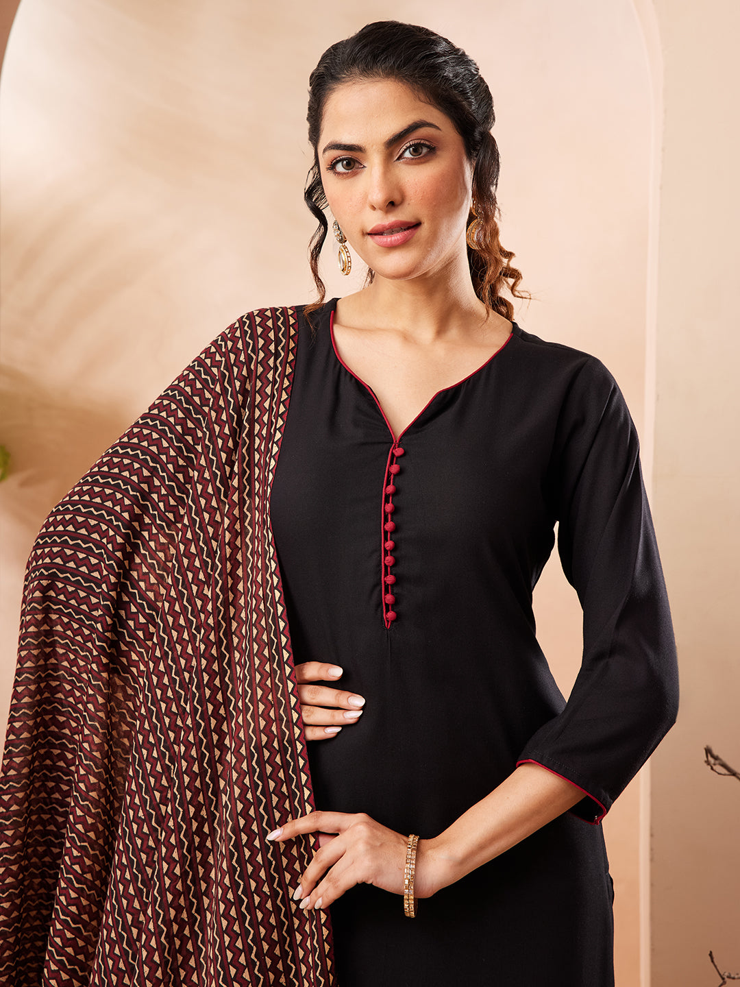 Janasya Black Straight Rayon Kurta,Bottom & Dupatta - Dista
