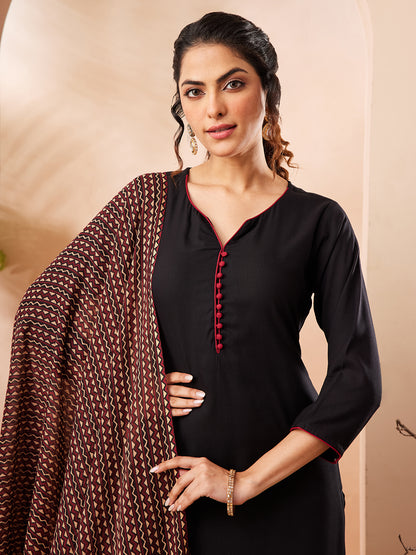 Janasya Black Straight Rayon Kurta,Bottom & Dupatta - Dista
