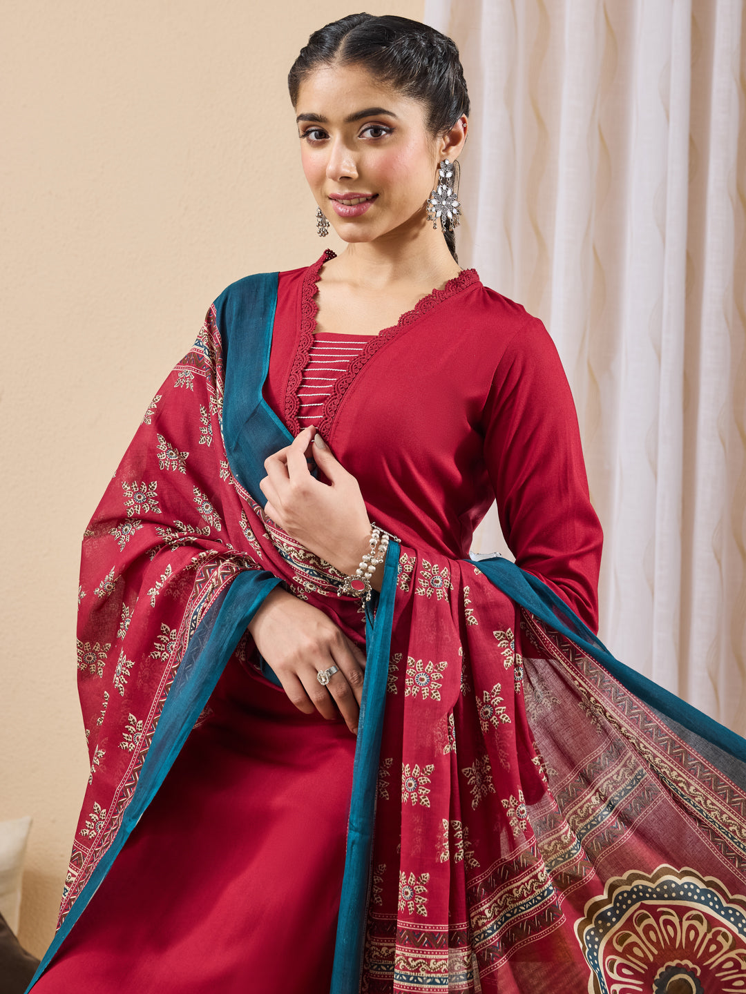 Janasya Maroon Straight Rayon Kurta,Bottom & Dupatta - Dista