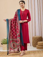 Thumbnail for Janasya Maroon Straight Rayon Kurta,Bottom & Dupatta - Dista
