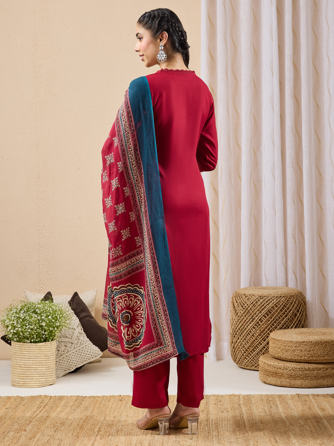 Janasya Maroon Straight Rayon Kurta,Bottom & Dupatta - Dista