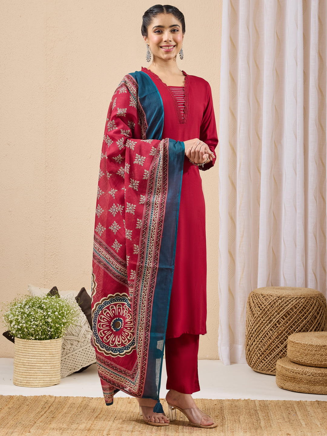 Janasya Maroon Straight Rayon Kurta,Bottom & Dupatta - Dista