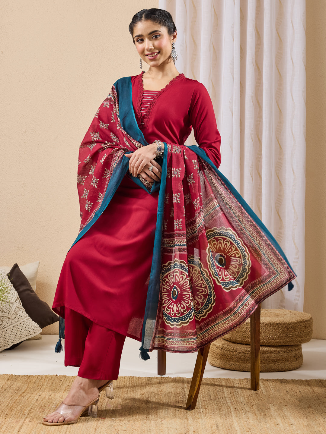 Janasya Maroon Straight Rayon Kurta,Bottom & Dupatta - Dista