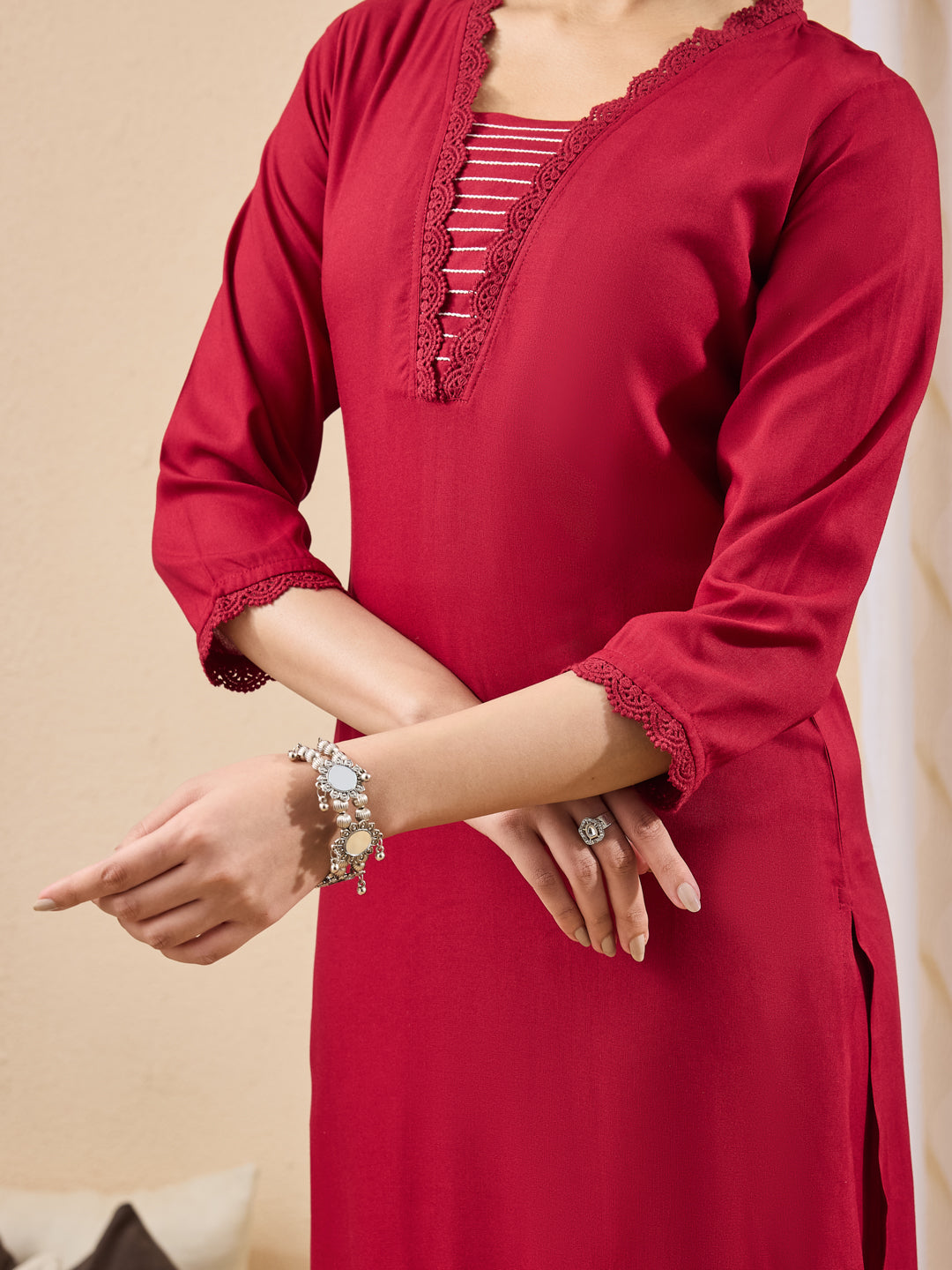 Janasya Maroon Straight Rayon Kurta,Bottom & Dupatta - Dista