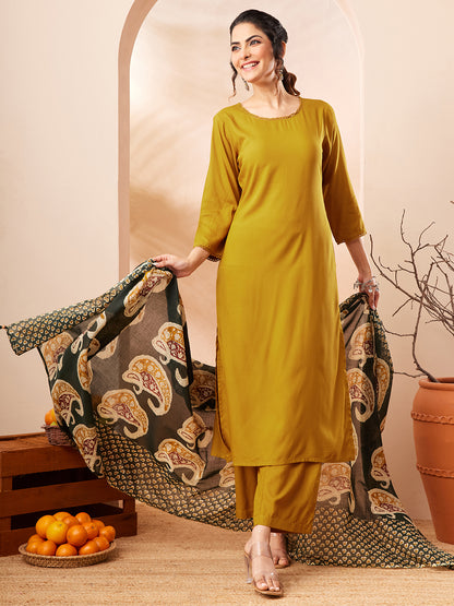 Janasya Mustard Straight Rayon Kurta,Bottom & Dupatta - Dista