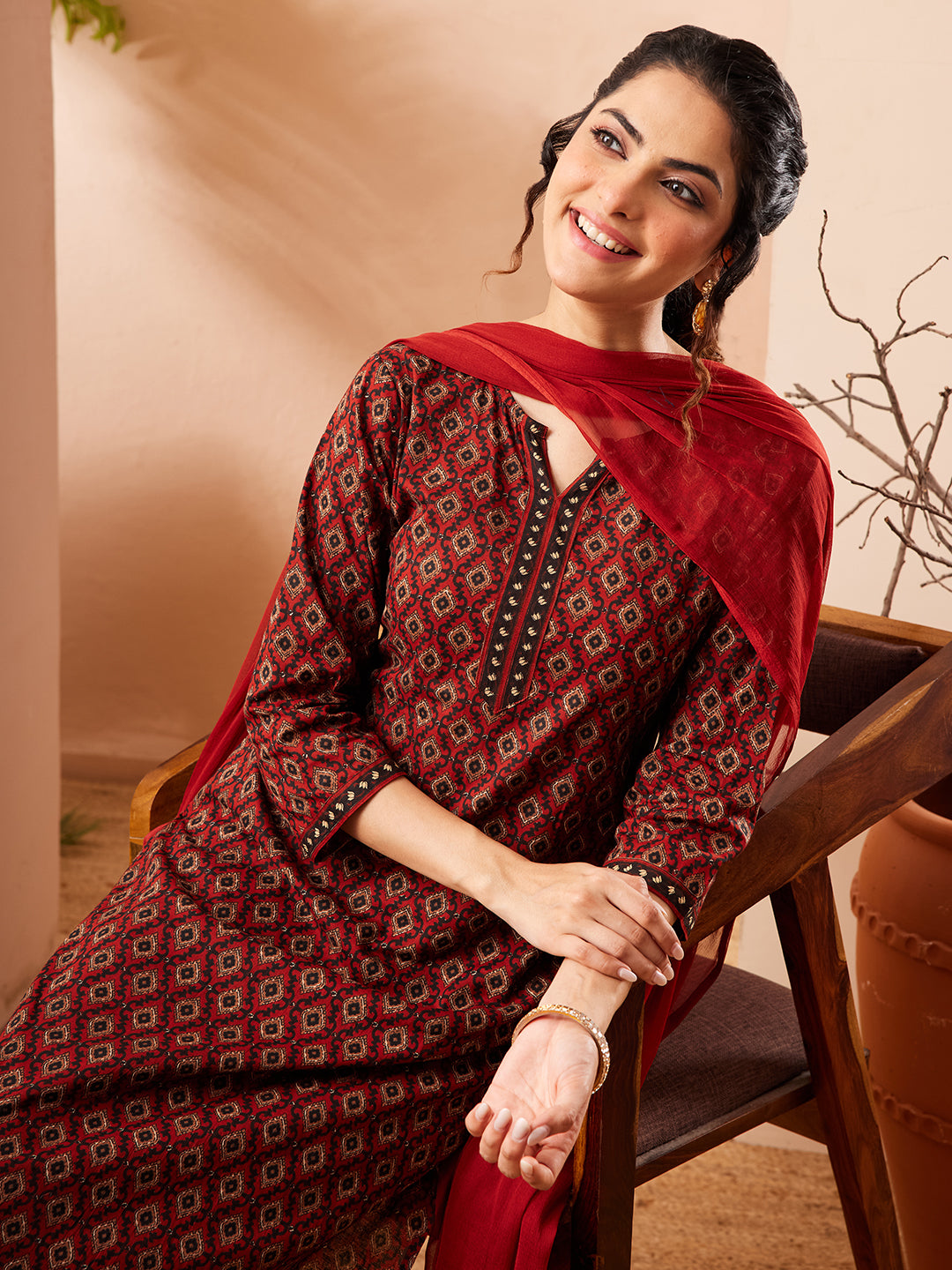 Janasya Rust Straight Cotton Kurta,Bottom & Dupatta - Dista