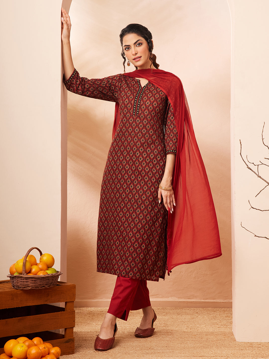 Janasya Rust Straight Cotton Kurta,Bottom & Dupatta - Dista