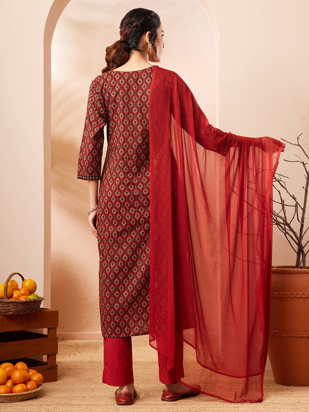 Janasya Rust Straight Cotton Kurta,Bottom & Dupatta - Dista